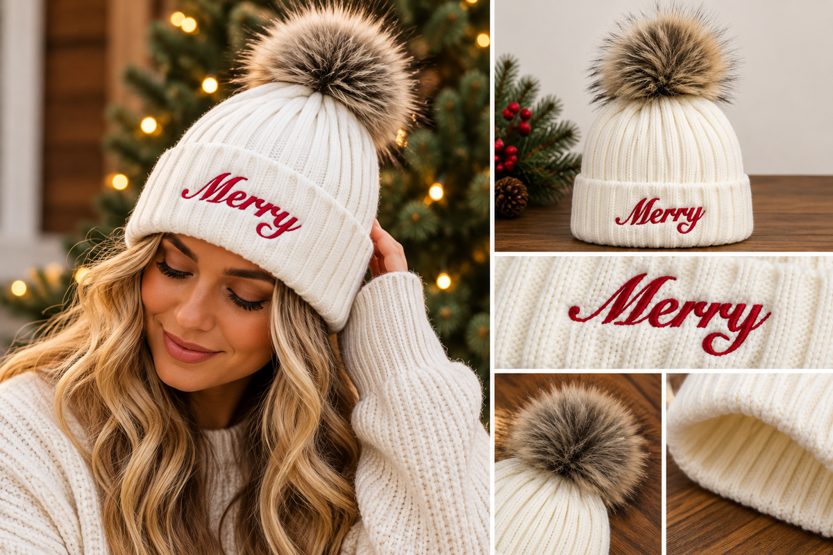 Merry Embroidered Pom Beanie
