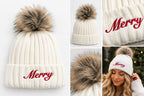 Merry Embroidered Pom Beanie