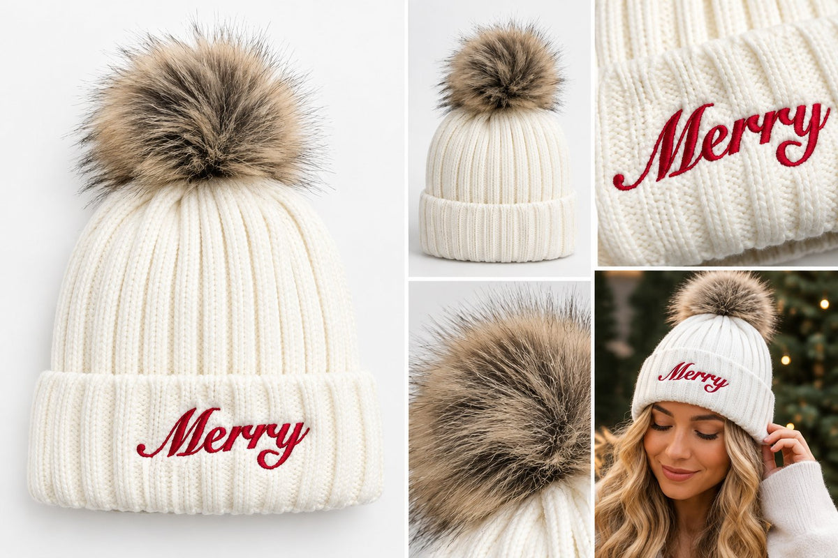 Merry Embroidered Pom Beanie